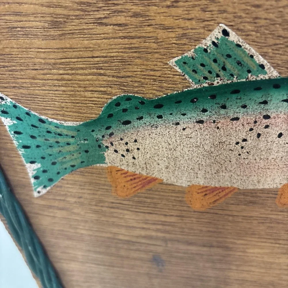 VTG Creel Wicker Waste Basket Hand Painted Trout Fish Wood Panel Cabin Lake 13